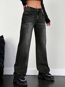 Jeanoix Slant Pocket Wide Leg Jeans - Black - View 4