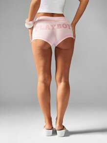 Missguided x Playboy Quần đùi thể thao cạp cao co giãn, dây rút thời trang mùa hè, chất liệu cotton pha trộn, cạp chun, kiểu dáng cổ điển, có túi bên hông dễ thương, mặc lễ hội - Hồng - Xem 5