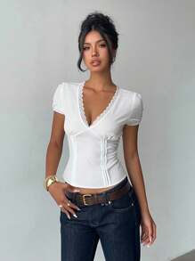 INAWLY 夏季休闲法式蕾丝花边泡泡袖衬衫 - 白色 - 查看 3