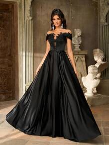 Aureia 优雅奢华黑色露肩超喇叭形仿珍珠刺绣蕾丝贴花透明网眼缎面褶皱连衣裙，适合婚礼、派对、舞会、度假、晚会