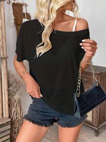 Pariaura Áo thun ngắn tay màu trơn thời trang dành cho nữ - màu đen - Xem 4