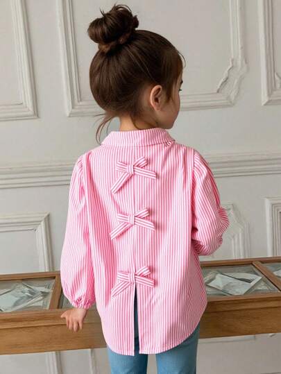 Elladie kids Young Girl Striped Print Bow Decor Casual Long Sleeve Blouse Girls Blouse With Bows Pink Striped Shirt Girls Girls Pink Bow Shirt Bow Back Shirt Girls Pink Shirt With Bows Girls Pink Striped Blouse Pink Tie Back Shirt Fall Winter