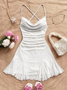 Soleia Váy ngắn dây mảnh đi nghỉ dành cho nữ, Cổ xếp nếp, Hở lưng, Nơ, Đuôi cá, Phong cách gợi cảm, Váy ngắn, Nghỉ giải lao, Mua sắm, Lãng mạn, Hẹn hò, Trang phục đi biển, Lưới, Trẻ trung, Nữ tính - trắng - Xem 6