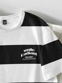 Manfinity Joysei 男士夏季标语条纹圆领宽松休闲T恤 - 黑色 - 查看 4