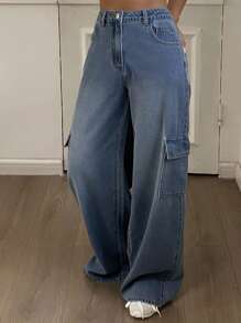Livesso Women's Casual Washed Wide Leg Cargo Jeans - Light Wash - View 3