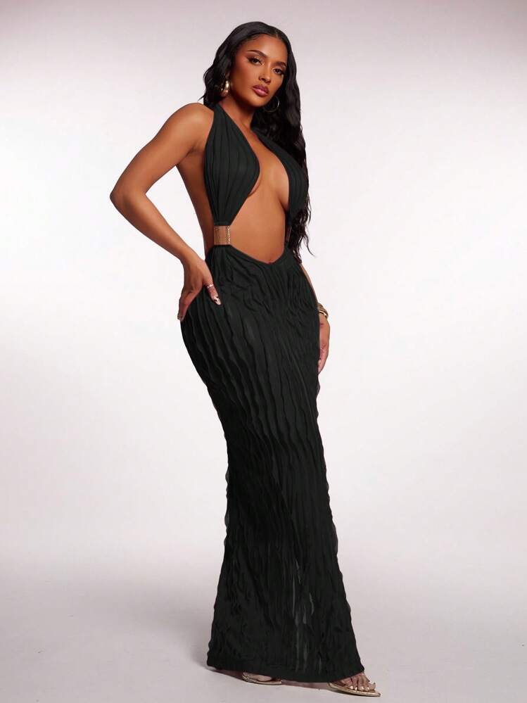 Radiana Women's Sexy V-Neck Backless Ruffle Dress, Summer,Bodycon Dress,Club Outfits Red Long Dress Low Cut Dress Halter Maxi Dress Deep V Dress Pleated Maxi Dress,Business, Retro, Party, Resort, Outing, Old Money,Siren Coquettish, Prom, Ball, Valentine's Day, Cruise Attire, Commuting,  Richly Layered, Date Night, Gathering, Minimalism, Birthday, Formal Event, Break, Modest, Chic, Casual, Shopping, Street Wear, Going Out, Coquette - Black - View 6