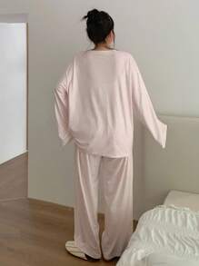 Dazy Plus Plus Size Women Polka Dot Cat Print Loose Fit Round Neck Top And Pants Pajama Set, Pink, Fall Clothes, Cozy Outfits