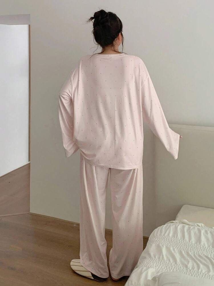 Dazy Plus Plus Size Women Polka Dot Cat Print Loose Fit Round Neck Top And Pants Pajama Set, Pink, Fall Winter Clothes, Cozy Outfits