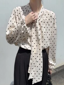 FRIFUL Women's Tie Neck Bow Polka Dot Loose Casual Versatile Blouse, Autumn Long Sleeve Top - Black and White - View 3