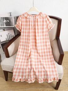 SHEIN Dozemod Tween Girl 青少年女孩简约韩版格纹荷叶边领泡泡袖长款宽松梭织睡袍 - 彩色 - 查看 2