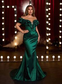 Glamrae Vestido de sirena con hombros descubiertos, escote de malla con pedrería elegante y lujoso, adecuado para bodas, eventos, fiestas, galas y ocasiones formales (con mucho bordado) - Verde - Ver 4