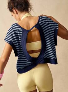 VARSIVA 条纹露背蝙蝠袖短款运动T恤 - 藍色 - 查看 7