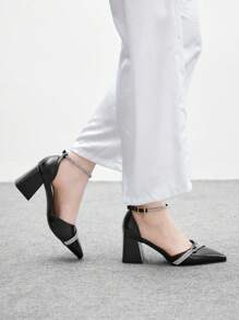 CUCCOO BIZCHIC 女士时尚黑色露背尖头粗跟高跟鞋，经典简约设计，适合通勤、约会、派对、度假、婚礼 - 黑色 - 查看 5