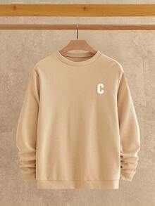 Manfinity VCAY Felpa girocollo casual da uomo con grafica a lettera, adatta per uso quotidiano. Felpa girocollo da uomo beige, felpa a nido d'ape, felpa color crema, per autunno e inverno - Cachi - Visualizzare 3