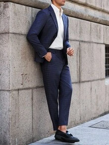 Manfinity Bizformal 男士商务格纹印花翻领西装外套和裤子套装，蓝色格纹男士两件套办公室，Old Money - 藏蓝色 - 查看 4