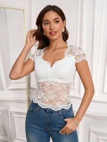 SHEIN Clasi Elegant Solid Color Sweetheart Neck Lace Blouse, Suitable For Oktoberfest - White - View 3