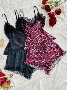 SilkySpell 2pcs Women's Lace Patchwork Sexy Leopard Print Mesh Lingerie Set - Multicolor - View 6