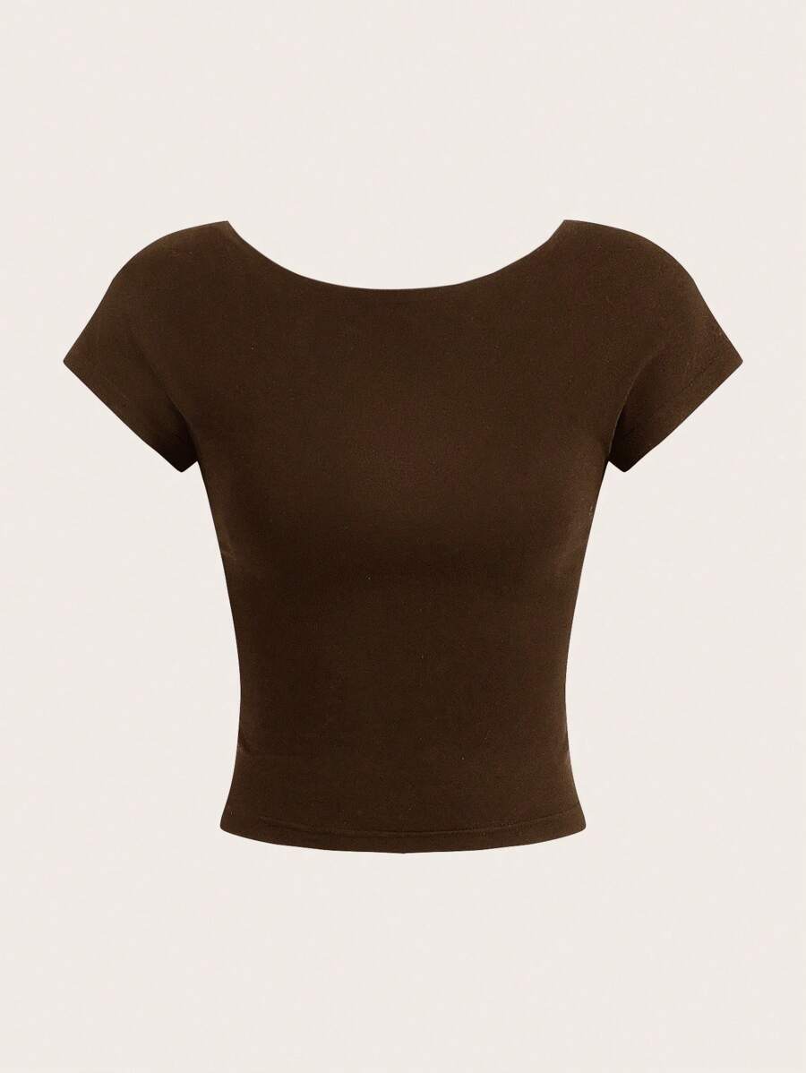 SHEIN EZwear Deep Brown Casual Minimalist Pattern Round Neck Tight Backless Hollow Out Women T-Shirt, Suitable For Summer - Brown - View 1