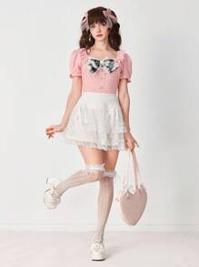 ROMWE EDITION 女式可爱学院风二合一蕾丝拼布格子蝴蝶结装饰紧身T恤 - 粉色 - 查看 6