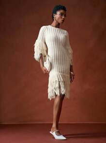 Zivah Off-White Autumn Elegant Party Ladies Sweater Dress,Round Neck Three-Quarter Sleeves Tassel Fringe Hem Ribbed Wool Mini Slim Dress Birthday Commuting - Apricot - View 4