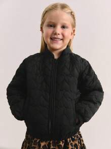 Maija Kids Maija Kids 女童愛心圖案加厚外套，兒童黑色拉鍊連帽羽絨夾克，休閒秋冬絎縫外衣，適合職業日穿著 - 黑色 - 查看 8