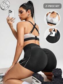 Innovista Luxuriöse Damen Sportsets in natürlichen Farbtönen mit Farbblöcken, raffiniertes Design, Trainingskleidung, atmungsaktiver aktiver Crop-Top-BH mit Leggings, Handytasche, zweiteiligeMetallicausführung für tägliches Yoga, Radfahren, HIIT, Büro bis Gericht, Brunch bis Fitnessstudio, Funktion Athleisure den ganzen Tag, dehnbar, Aktivkleidung für Herbst, Komfort, Bewegung, Mesh, atmungsaktiv, Ausschnitt, Cardio, Laufen, Cross-Fit, Outdoor-Übungen, gesund, utilitaristisch, chic, Riemendesign - Schwarz und Weiss - Übersicht 1