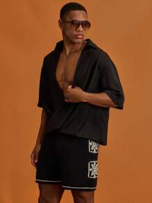 Musero Draped Chiffon V-Neck Short Sleeve Shirt Summer Holiday Vacation - Black - View 5