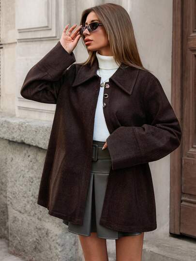 EURMUSE Women, Autumn, Regular Length, Pocket, Snap Button, Velvet Look, Casual, Dailywear Brown Jacket Oversized Jacket Shacket Womens Coat Brown Coat Women Coats Shackets For Women Brown Blazer Women