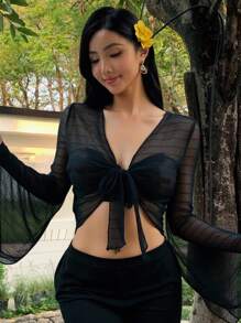 DAZY 女式度假海滩风透明网眼喇叭袖系带长袖上衣 - 黑色 - 查看 3