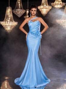 Glamrae Váy dạ hội đuôi cá xếp ly ngọc trai thủ công màu xanh thanh lịch và lãng mạn - Màu xanh lam - Xem 4