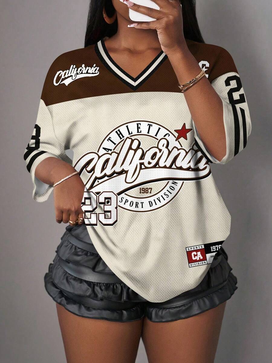 Slaydiva 休闲简约棕色字母数字图案女式T恤，适合夏秋季 - 彩色 - 查看 1