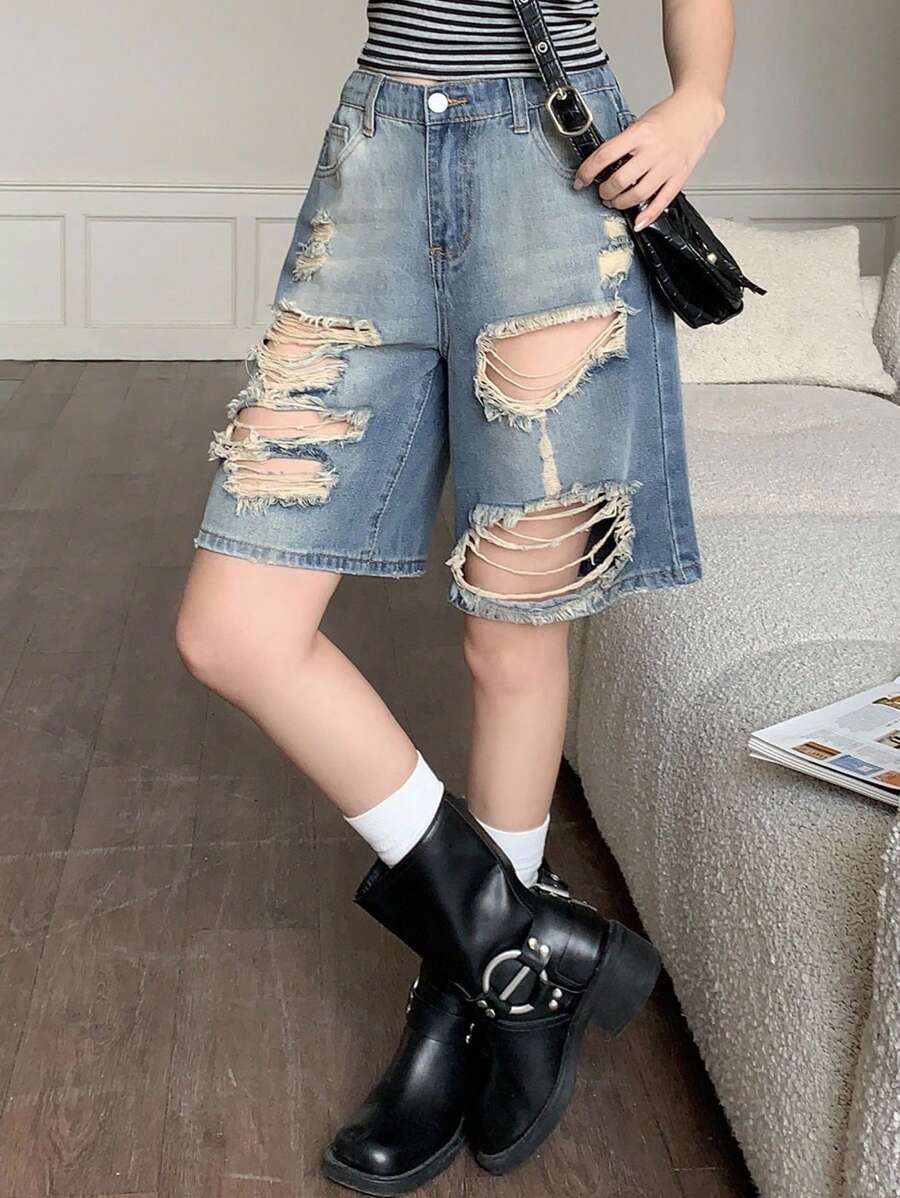 SHEIN 千禧年少女休闲朋克复古纯色水洗低腰破洞牛仔长裤，适合日常出行、户外、居家、早午餐、下午茶、通勤、机场穿着，秋季返校季必备。 - 中等水洗藍 - 查看 1