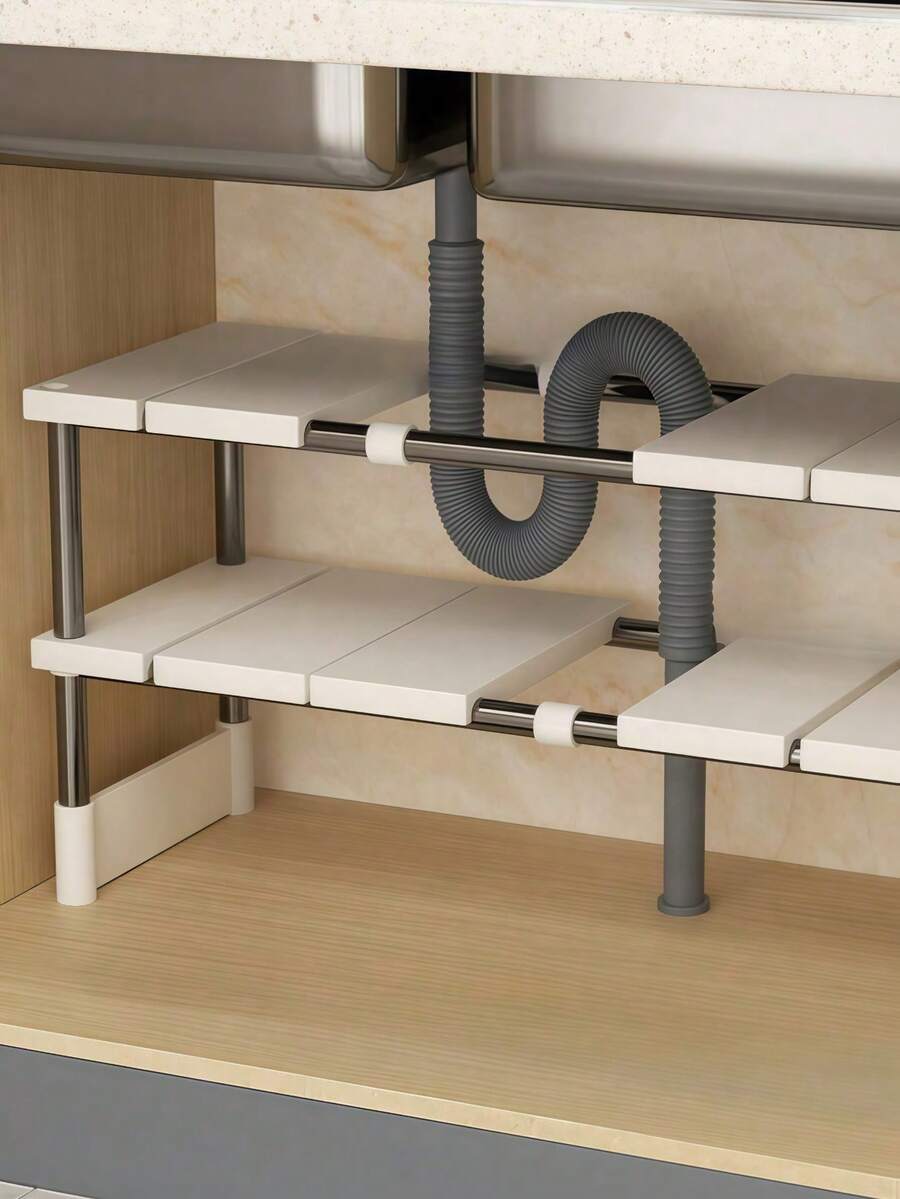 SHEIN 1pc 1/2/3 Layers Flexible Vertical Storage Rack, Stainless Steel Support Frame, Plastic Panel, Adjustable Length Size, Suitable For Kitchen Storage, Home Storage, Dormitory Storage