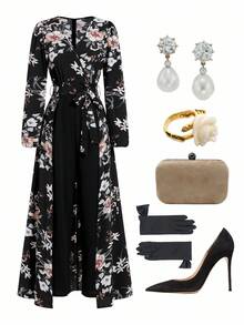 SHEIN Clasi 女式长袖花卉印花斜襟V领连体裤 - 黑色 - 查看 5