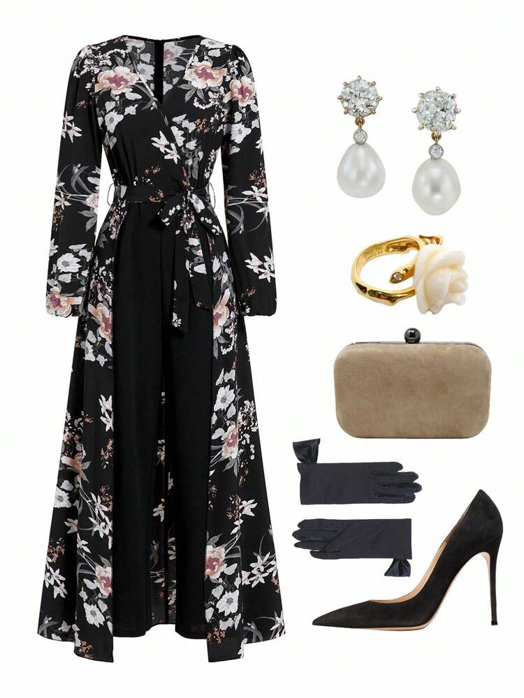 SHEIN Clasi Women's Long Sleeve Floral Print Surplice V-Neck Jumpsuit - Black - View 5