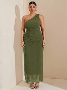 SHEIN BAE Vestidos de mujer talla grande para bodas, damas de honor, fiestas, citas, vacaciones. Vestidos de verano talla grande elegantes para fiestas, cumpleaños, San Valentín, de satén, con hombros asimétricos o de un solo hombro. Vestidos de verano talla grande con cuello asimétrico, cintura plisada y aberturas laterales maxi. - Verde militar - Ver 3