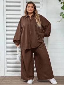 SHEIN CURVE+ 大码休闲纯色衬衫和裤子两件套