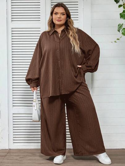 SHEIN CURVE+ Plus Size Casual Solid Color Shirt And Pants 2 Pieces Set,Fall Clothes For Women
