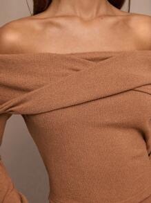 SHEIN BAE Damen Braun Kaschmir gestrickt bequem Herbst und Winter elegant Pendeln einfarbig sexy Off-Shoulder Top, Lässig Pendeln, Erntedankfest, Date Night, Büro, Herbst Tops, Business Lässig Frau, Old Money Stil, Off-Shoulder Top - Kamelfarben - Übersicht 3