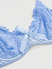ROMWE Kawaii 可爱蕾丝睫毛蝴蝶结钢圈文胸和丁字裤内衣套装，性感 - 藍色 - 查看 3