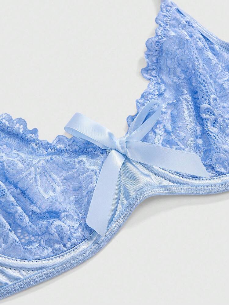 ROMWE Kawaii 可爱蕾丝睫毛蝴蝶结钢圈文胸和丁字裤内衣套装，性感 - 藍色 - 查看 3