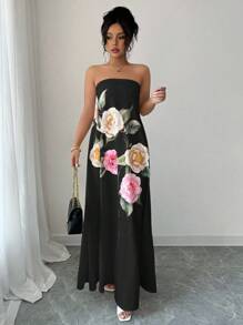 Elenzga Váy Bandeau in hoa dáng rộng thoải mái dành cho nữ - màu đen - Xem 4