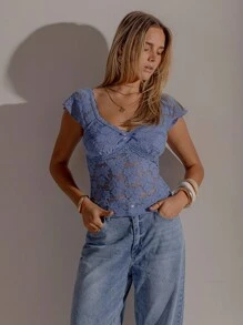 Aralina 弹力蕾丝夏季优雅外出度假上衣 - 霧霾藍 - 查看 7