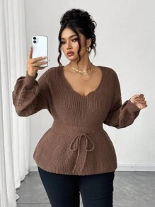 Elenzga Pull élégant à taille ajustée avec ceinture, grande taille - Tabac - Voir 1