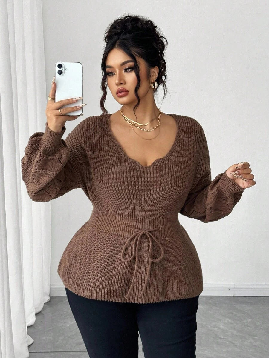 Elenzga Pull élégant à taille ajustée avec ceinture, grande taille - Tabac - Voir 1