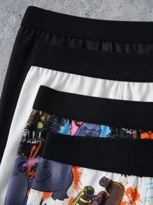 GODZILLAxKONG X SHEIN 4pcs Tween Boy Black & White Cartoon Letter Print Comfortable Trunks,Basic Comfortable Casual ,Soft,Cute - Black - View 7