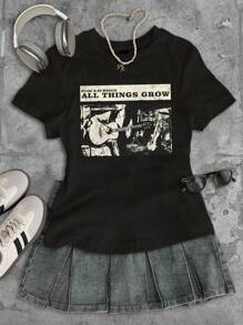 Attitoon 休闲街头风格照片印花图案修身女式短袖T恤，适合夏季、音乐节、朋克风格、Y2K - 黑色 - 查看 8