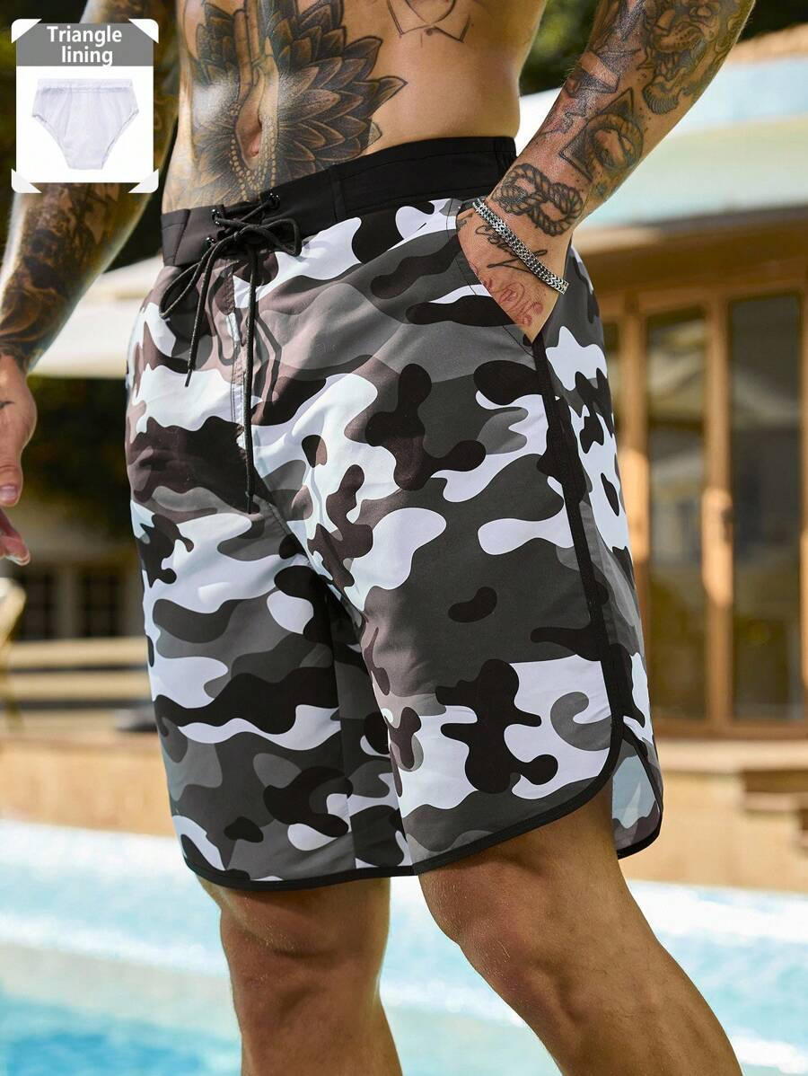 Manfinity Swimmode 男士迷彩泳裤：速干、抽绳沙滩短裤，带口袋，男士泳裤，夏威夷风 - 彩色 - 查看 1