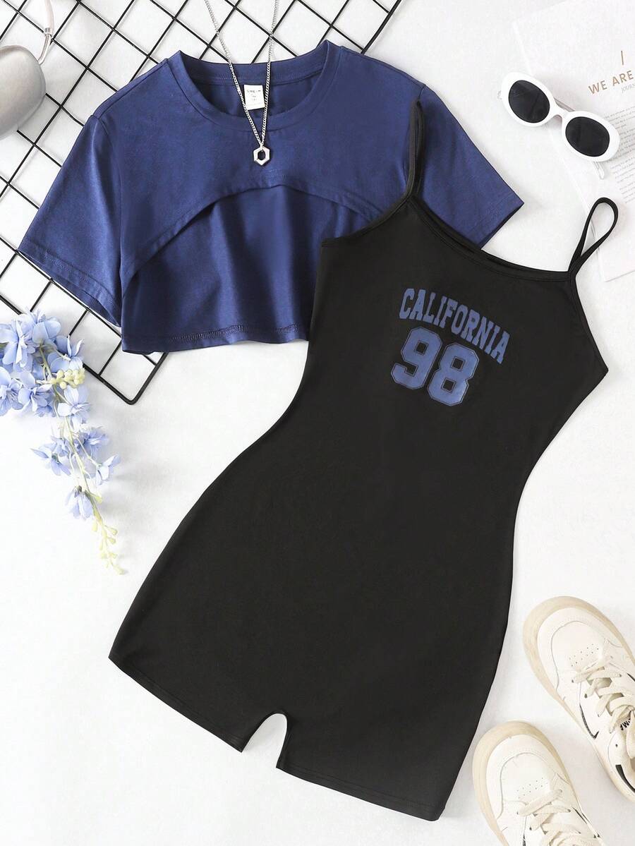 SHEIN Teen Girl Solid Color Asymmetrical Hem Short Sleeve T-Shirt + Letter Print Jumpsuit Casual Outfit Crop Top Set For Teen Nova Glow Young Girl Vacation Casual Solid Color Round Neck Short Sleeve 2pcs Set Girls Athletic Romper Romper Teen Teen Clothes Girls Summer Set Teen Girls Romper Casual Solid Color Set Romper Teen Regular Sleeve - Navy Blue - View 1