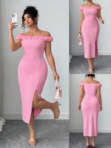 Celure Robe ajustée élégante et urbaine pour grandes tailles, avec épaules dénudées, ornements de perles et fleurs 3D. Marque : Bella, Elenzga